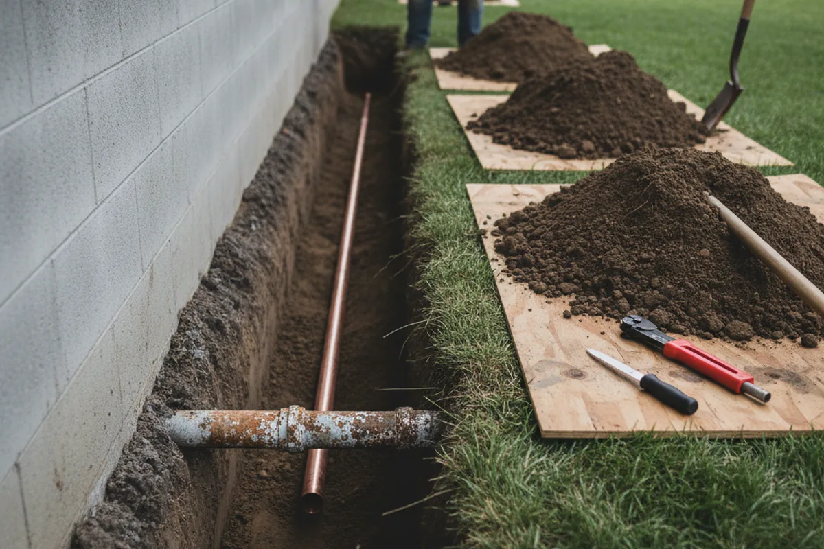 Excavated water line trench during Sewer Line Repair in Auburn University
